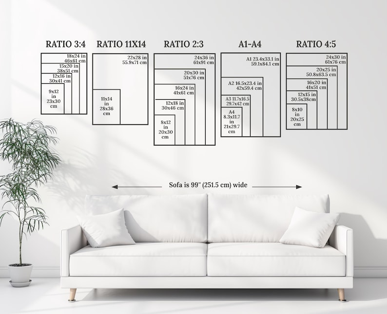 May include: A white sofa measuring 99 inches wide positioned below a wall display of black-outlined rectangular frames. The frames are labeled by ratios 3:4, 11x14, 2:3, A1-A4, and 4:5, with various dimensions listed in inches and centimeters inside each.