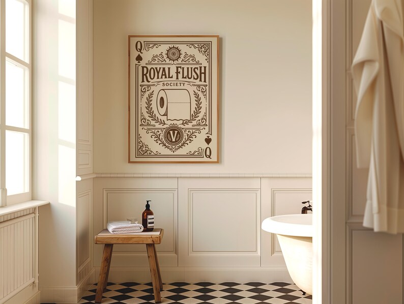 May include: A rectangular wall art print in a wooden frame featuring a cream background with dark brown decorative borders and text. The design includes the words ROYAL FLUSH SOCIETY, a toilet paper roll illustration, and the letter Q in corners.