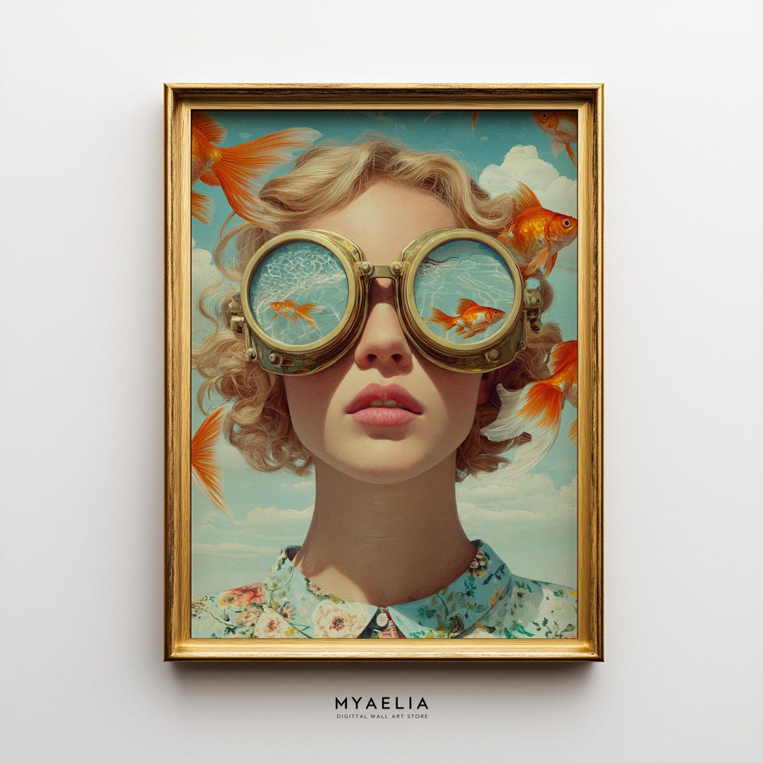 Surreal Goldfish Girl Poster – Whimsical Surrealist Portrait Wall Art ...