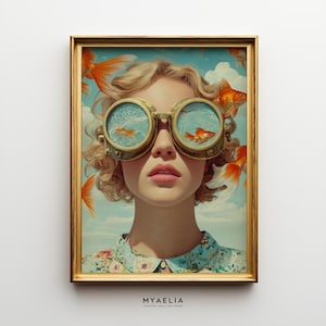 Póster surrealista de una niña con pez dorado – Retrato surrealista y caprichoso para pared / Descarga digital