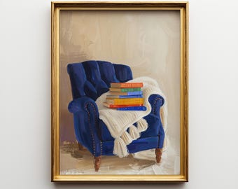 Gemütliche Leseecke Kunst | Sessel mit Bücher Illustration | Hygge Wohnkultur Print