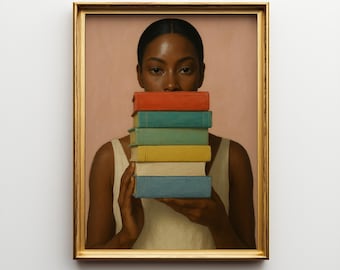 Afrocentric Book Lover Art Print – Black Girl Magic Portrait (Digital Download)