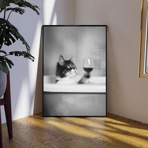Cat Drinking Wine Wall Art, Cat Wine Poster, Bar Cart Decor, Funny Cat Poster, Cheers Wall Art, Cat with Wine Printable