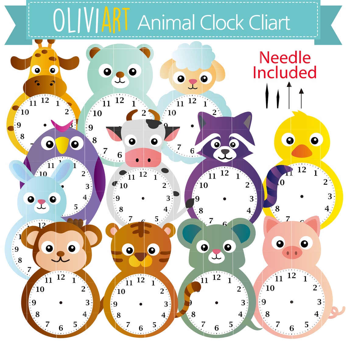 Animal Clock Set Clip Art for Kids Learning Clock Telling Etsy