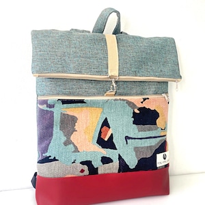 Handmade Rolltop Backpack – Colorful Abstract Canvas & Red Vegan Leather – Unique Unisex Canvas Rucksack - Large Pocket - Laptop Backpack