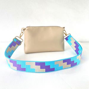 Handmade Beige Vegan Leather Crossbody Bag with Geometric Strap - PU Vegan Leather Messenger Bag - Faux Leather Shoulder Bag
