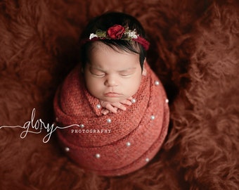 Knit Newborn Wrap and Bonnet with Pearls - Photo Shoot Essential for Baby Girls, Lovely Special Occasion Outfit