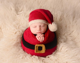 Adorable Santa Wrap & Hat for Newborn Photo prop, Christmas  Prop