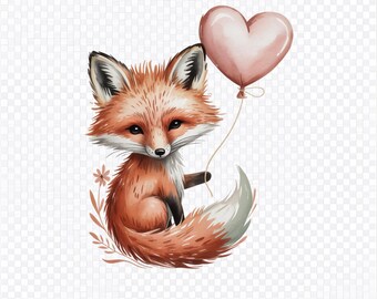 Watercolor Fox Valentine PNG | Heart Balloon Clipart (Digital Download)