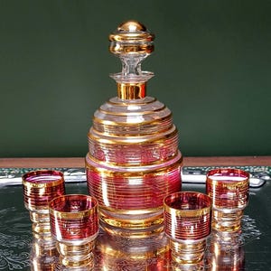 Art Deco Decanter Set | Ruppel Boom Red & Gold Glassware | 4 Glasses + Decanter | 1930s | Home Bar Decor | Unique Gift Idea