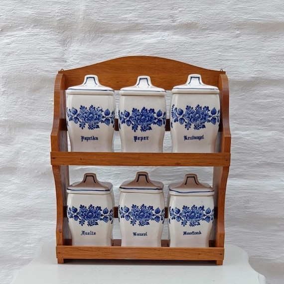 Vintage Delft Blue Spice Rack: Dutch Floral Ceramic Jars Wood Shelf