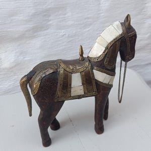 Indian Horse Figurine | Hand Carved Wood & Bone Inlay Animal Sculpture with Brass Detail | Mid Century Boho Home Decor | Shelf Accent