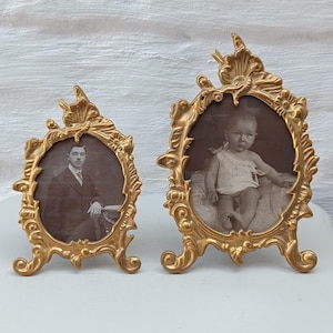 Antique French Brass Picture Frame Set: Rococo Revival Gilt Velvet Frames