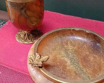 Italian Alabaster Goblet & Dish Set | Hand Carved in Italy | Brass Accents | 1950s–70s | Office Desk Decor | Entryway / Coffee Table Decor
