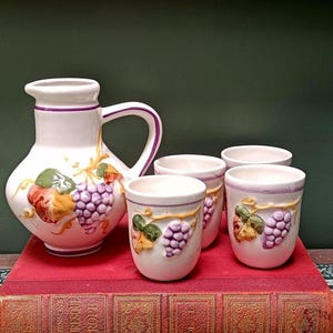 Juego de jarra de uva de mayólica portuguesa / Jarra de cerámica pintada a mano y 4 tazas /