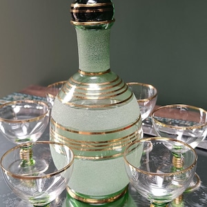 Art-deco karafset | Ruppel Boom Groen Glas | 6 glazen | Goud afgezet | Cadeauset vintage bargerei uit de jaren 30 | Eclectisch vintage decor