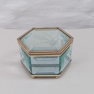 Vintage Hexagonal Glass Jewelry Box: Brass Edged Mirrored Trinket Box