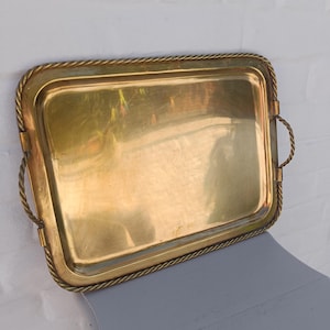 Vintage Solid Brass Serving Tray: Mid-Century Bar Decor with Rope Handles