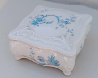 Limoges Porcelain Trinket Box | Hand Painted Blue Floral | French Footed Rococo-Style Jewelry Dish | Vanity Desk Decor | Cottagecore Decor