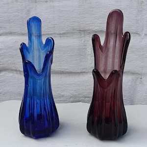 Tool-Formed Five-Finger Glass Vases | Cobalt Blue & Amethyst Purple | Made in Taiwan (R.O.C.) | MCM Glass Decor | Glass Lover Gift Idea