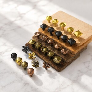 1:12 Miniature Cabinet Knobs, 7 Styles Dollhouse Drawer Pull Set, Mini Furniture Hardware, Black Gold Bronze Copper, DIY Roombox