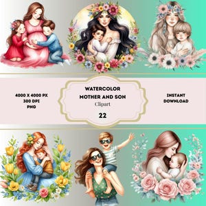 Watercolor Mother and Son Clipart, Mom and Son PNG, Family Clipart, Mother&#39;s Day Clipart, Mom and Child Sublimation, Family Illustrations