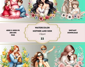 Clipart di mamma e figlio ad acquerello, PNG di mamma e figlio, Clipart di famiglia, Clipart per la festa della mamma, Sublimazione di mamma e figlio, Illustrazioni di famiglia