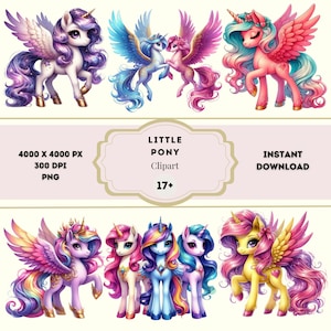 Little Pony Clipart, Cute Little Pony Clipart, Rainbow Pony PNG Bundle, Pony Sublimation Design, Rainbow Princess Pony Art, Commercial Use