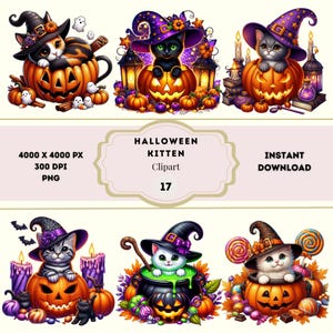 以下が含まれることがあります： ハロウィーンをテーマにした子猫のデジタルイラスト。各子猫は魔女の帽子をかぶり、カボチャ、ろうそく、その他の不気味な要素に囲まれています。「HALLOWEEN KITTEN Clipart」と「INSTANT DOWNLOAD」の文字が含まれています。