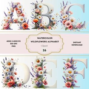 Clipart Alphabet fleurs sauvages, anglais floral lettres PNG, clipart bébé jalon, lot de l'Alphabet aquarelle, lettres fleurs sauvages