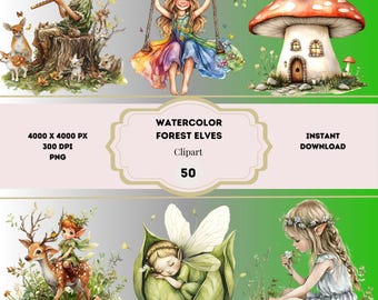Pacchetto di clipart di elfi della foresta ad acquerello, clipart di foresta elfica, foresta incantata PNG, elfi fantasy PNG, elfi degli alberi PNG, uso commerciale gratuito