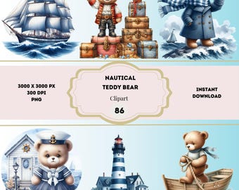 Nautical Teddy Bear Clipart, Watercolor Coastal Clipart, Cute Sailor Teddy Bear PNG, Ocean Watercolor Clip Art, Nautical Nursery Bundle
