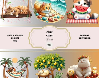 Clipart di gatti carini, PNG di gatto, pacchetto di clipart di gatti, gatti estivi, clipart di gatti da spiaggia, clipart floreali, illustrazioni di gattini, uso commerciale gratuito