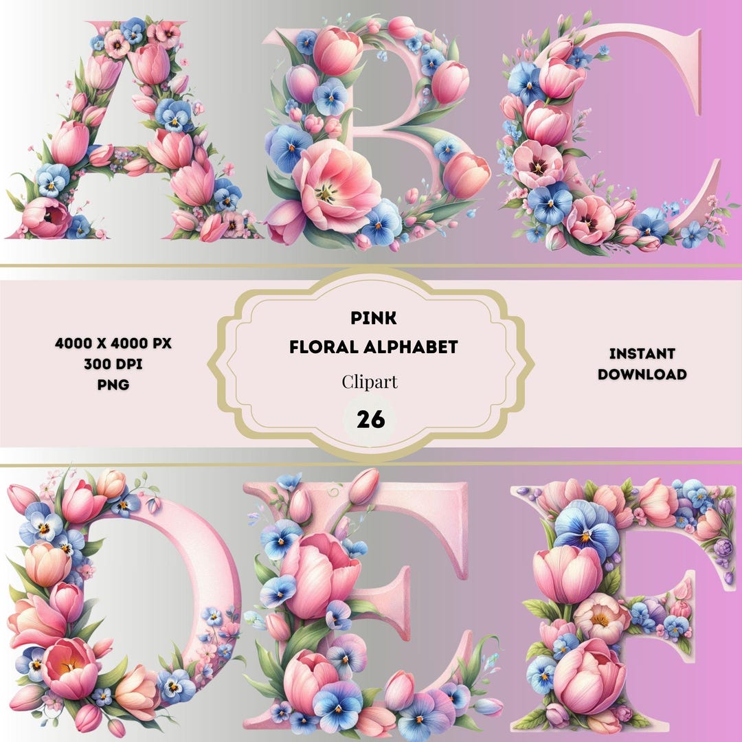 Pink Floral Alphabet Clipart, English Floral Letters PNG, Baby ...