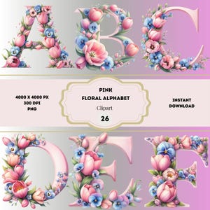 Clipart alphabet floral rose, anglais floral lettres PNG, clipart bébé jalon, alphabet fleurs du jardin, lot de l'alphabet aquarelle