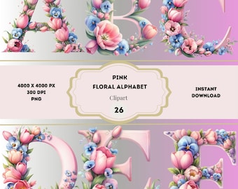 Clipart dell'alfabeto floreale rosa, lettere floreali inglesi in formato PNG, clipart delle tappe fondamentali della vita del bambino, alfabeto dei fiori da giardino, pacchetto alfabeto acquerellato