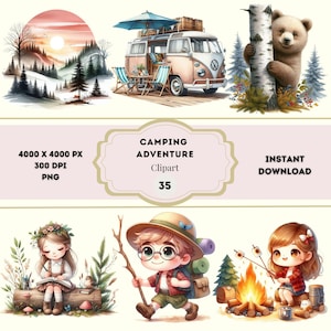 Watercolor Camping Adventure Clipart, Campsite Illustrations, Whimsical Summer Adventures, Cute Camping Clipart Bundle, Animated Forest