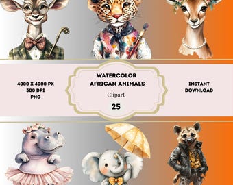 Clipart di animali africani ad acquerello, PNG di animali da safari, Clipart di animali stravaganti, Animali stravaganti, Struzzo, Ghepardo, Ippopotamo, Giraffa, Rinoceronte