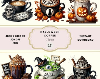 Halloween Coffee Clipart, Pumpkin Spice Latte Coffee Clipart, Fall Coffee Clipart, Cozy Autumn Drinks Clipart, Scary Gothic Iced Coffee