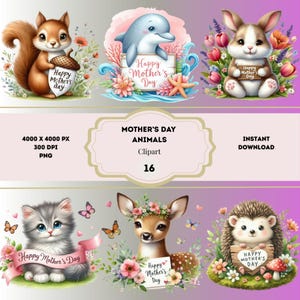 Mother's Day Animals Clipart, Happy Mother's Day Clipart Bundle, Mother's Day PNG Bundle, Cute Animals Clipart, Mother's Day Design