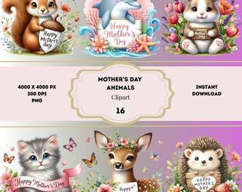 Clipart di animali per la festa della mamma, pacchetto di clipart per la festa della mamma, pacchetto di PNG per la festa della mamma, clipart di animali carini, design per la festa della mamma