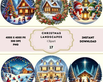 Clipart di paesaggi natalizi, Clipart di scene natalizie, Clipart di paesaggi natalizi rotondi, Clipart di paesaggi forestali invernali, Uso commerciale