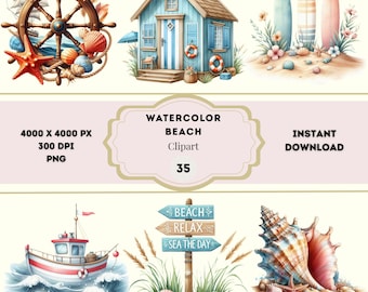 Watercolor Beach Clipart, Nautical Ocean PNG, Summer Clipart, Tropical Vacation Art, Beach Day PNG Bundle, Free Commercial License Included