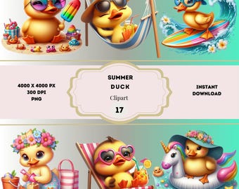夏のアヒルのクリップアートバンドル、ビーチダックPNG、気まぐれなアヒルのクリップアート、面白いアヒルのクリップアート、かわいいアヒルの子PNG、夏の悪ふざけ、昇華