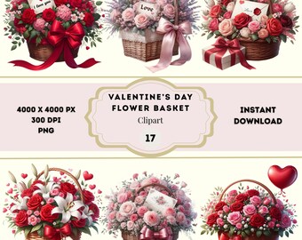 Clipart di cesto di San Valentino, cesto di fiori di San Valentino, clipart di cesto di fiori, clipart di San Valentino, disegni di San Valentino, uso commerciale