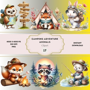 Clipart de animais de aventura em acampamento, ilustrações de acampamento, aventuras de verão excêntricas, conjunto fofo de clipart de acampamento, animais da floresta