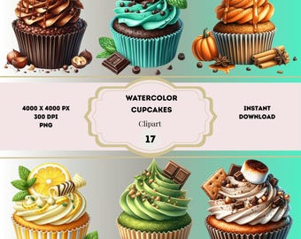 Aquarell Cupcake Clipart Bundle, Aquarell Cupcakes PNG, Bäckerei Clipart, Dessert Clipart, hochwertige Cupcake PNG, kommerzielle Nutzung
