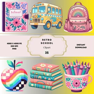 Retro School Clipart, Groovy School Clipart Bundle, Teacher PNG Pastel Graduation, Daisy Books Pencil, Pastel School Supply Clipart