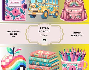 Retro School Clipart, Groovy School Clipart Bundle, Teacher PNG Pastel Graduation, Daisy Books Pencil, Pastel School Supply Clipart, schoole