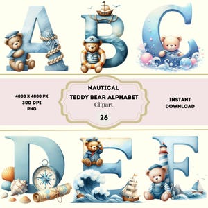 Clipart alphabet ours en peluche nautique, alphabet bleu ours en peluche, ours en peluche marin mignon PNG, lot de l'alphabet aquarelle, usage commercial gratuit